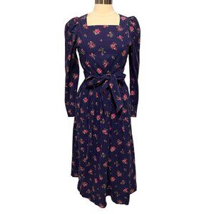 Vintage Laura Ashley Floral Corduroy Dress Long Sleeve Tie Waist Cotton Size 10